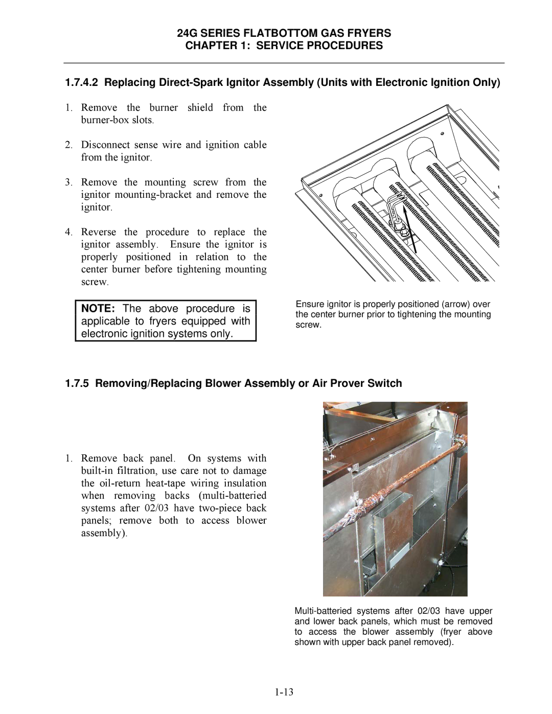 Frymaster 2424G, 1824G manual Removing/Replacing Blower Assembly or Air Prover Switch 