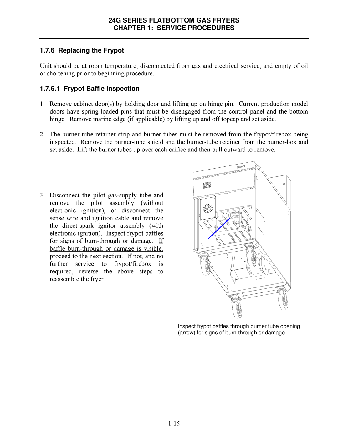 Frymaster 2424G, 1824G manual Replacing the Frypot, Frypot Baffle Inspection 