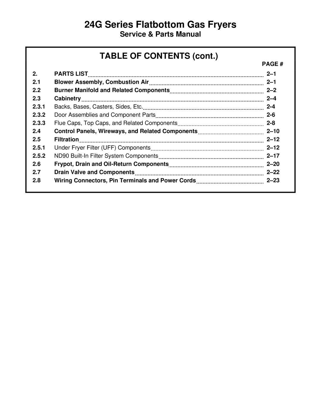 Frymaster 2424G, 1824G manual Table of Contents 