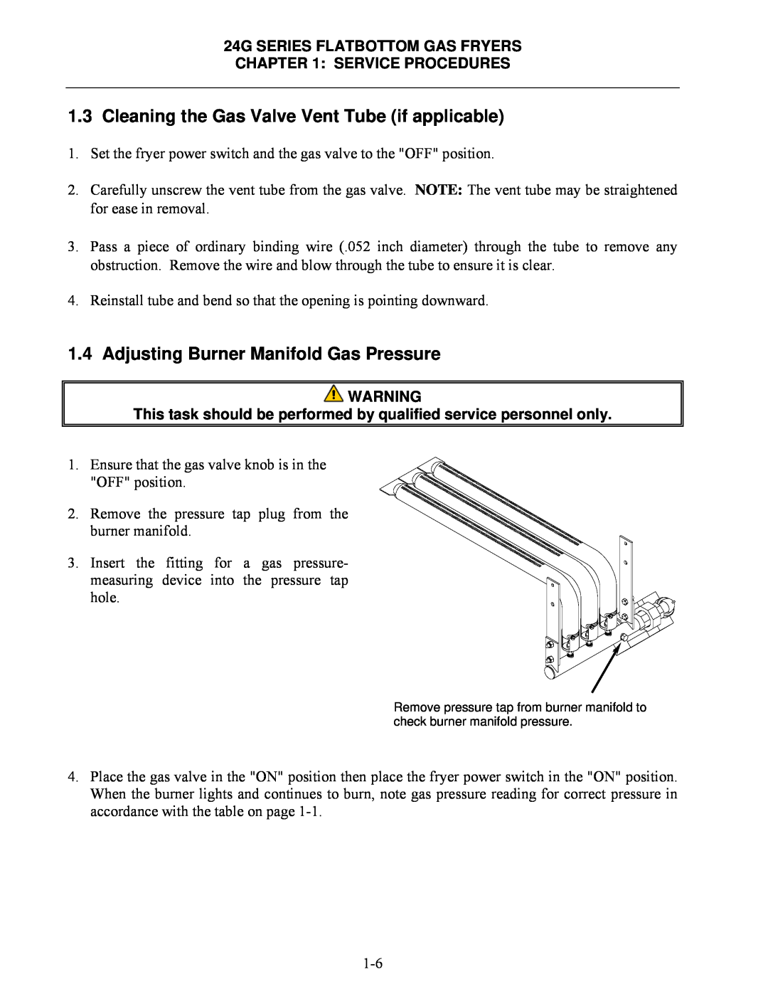 Frymaster 1824G, 2424G manual Adjusting Burner Manifold Gas Pressure 