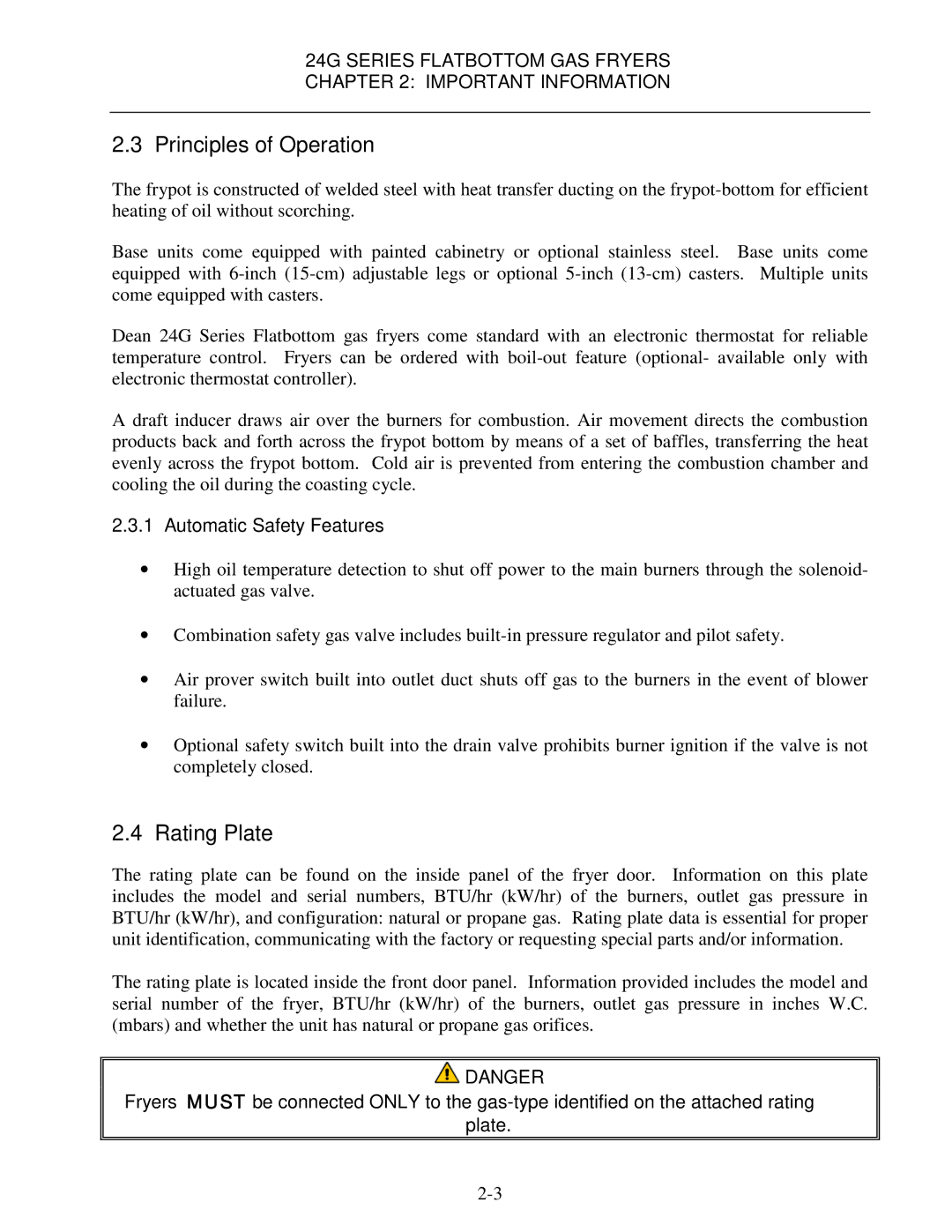 Frymaster 24G Series operation manual Principles of Operation, Rating Plate, Automatic Safety Features 