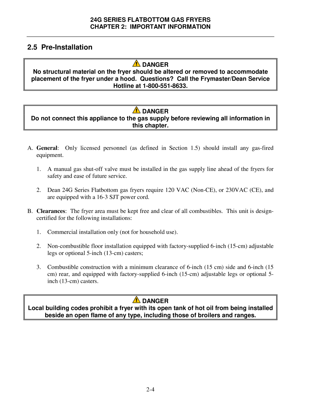 Frymaster 24G Series operation manual Pre-Installation 