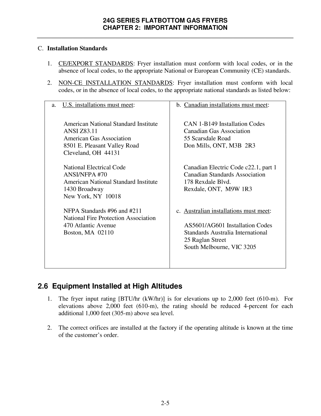 Frymaster 24G Series operation manual Equipment Installed at High Altitudes, Installation Standards 