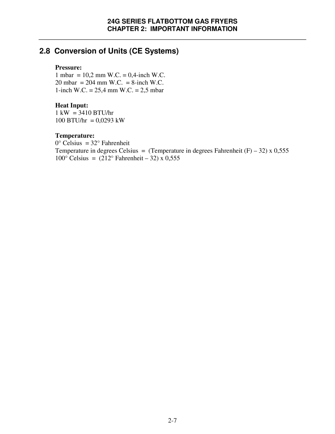 Frymaster 24G Series operation manual Conversion of Units CE Systems, Pressure, Heat Input, Temperature 