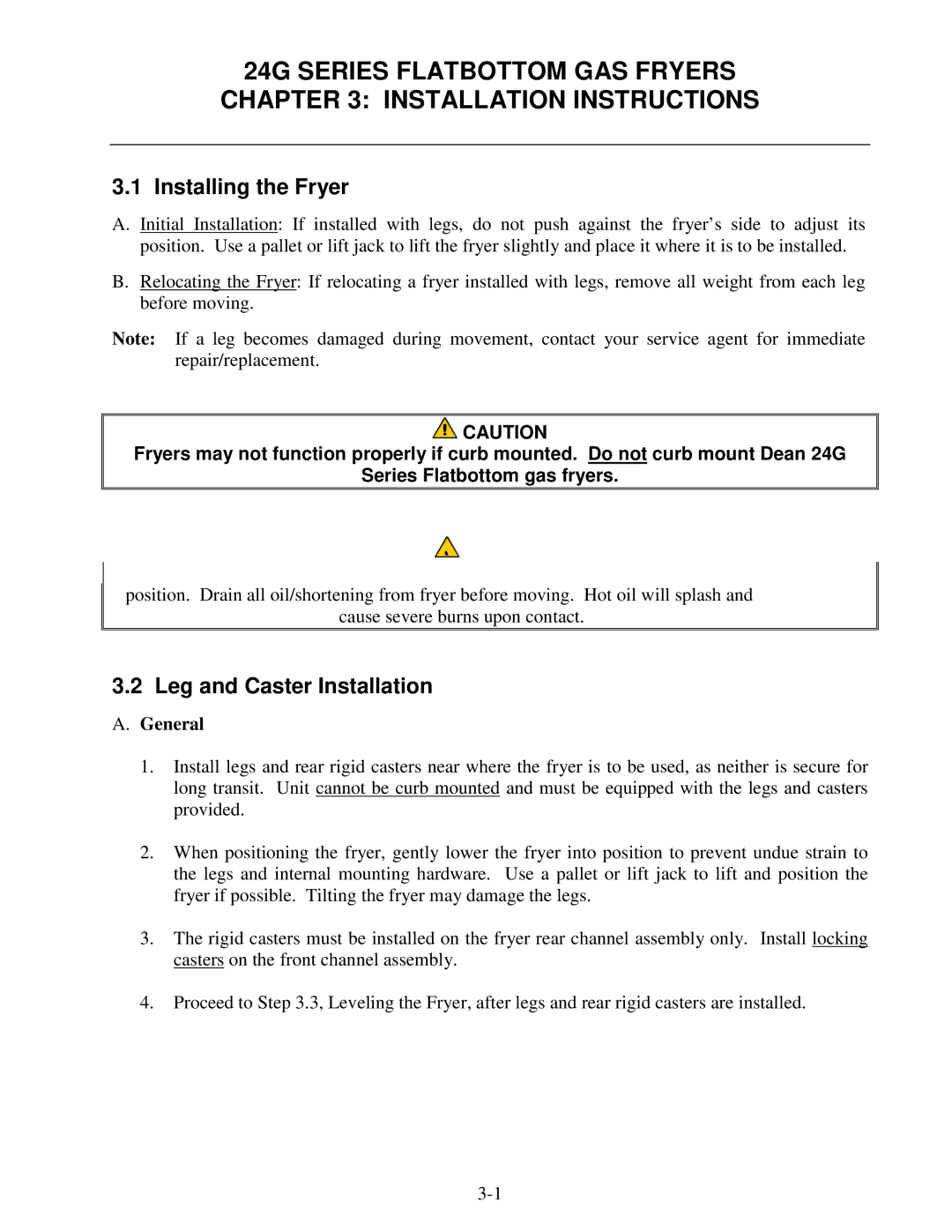 Frymaster 24G Series Flatbottom GAS Fryers Installation Instructions, Installing the Fryer, Leg and Caster Installation 