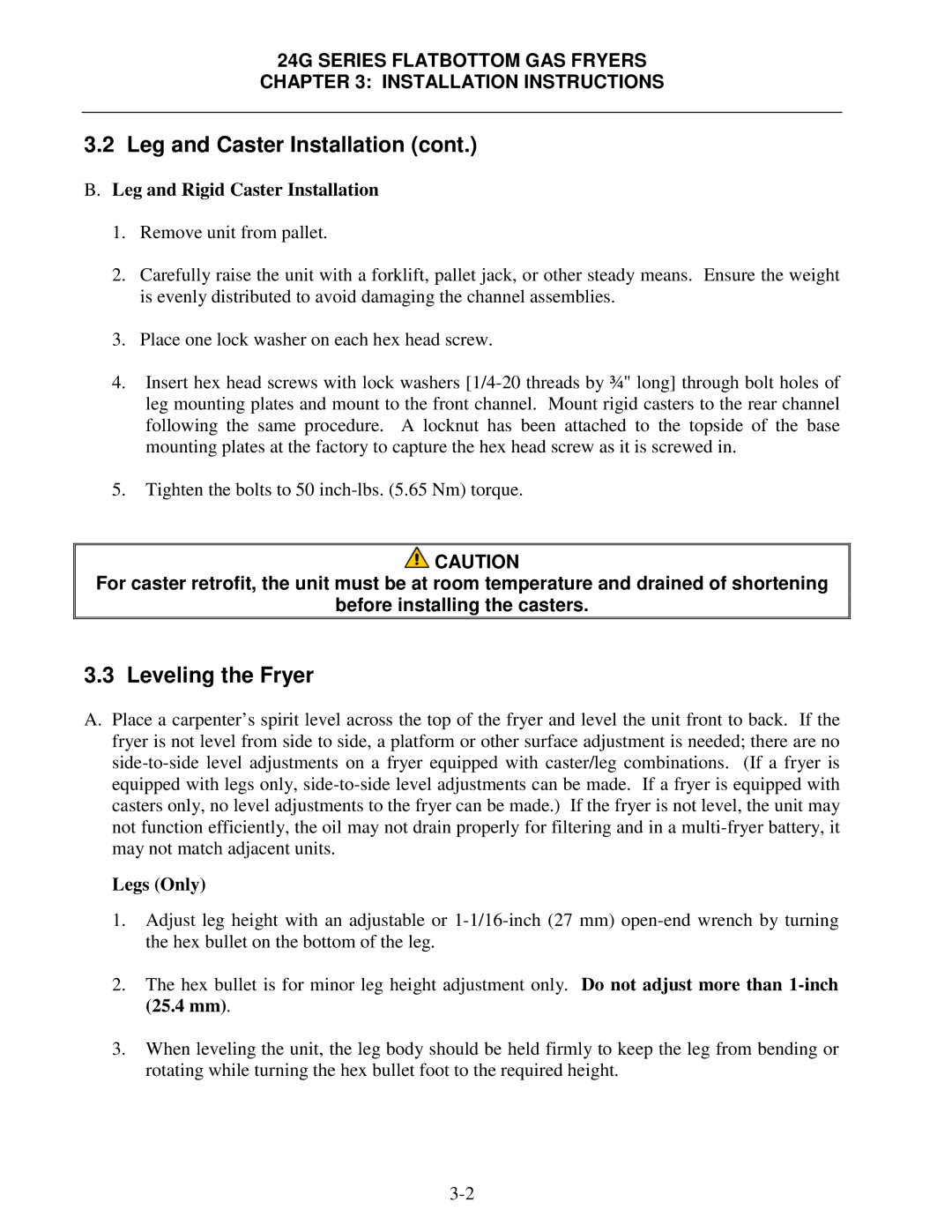 Frymaster 24G Series operation manual Leveling the Fryer, Leg and Rigid Caster Installation, Legs Only 