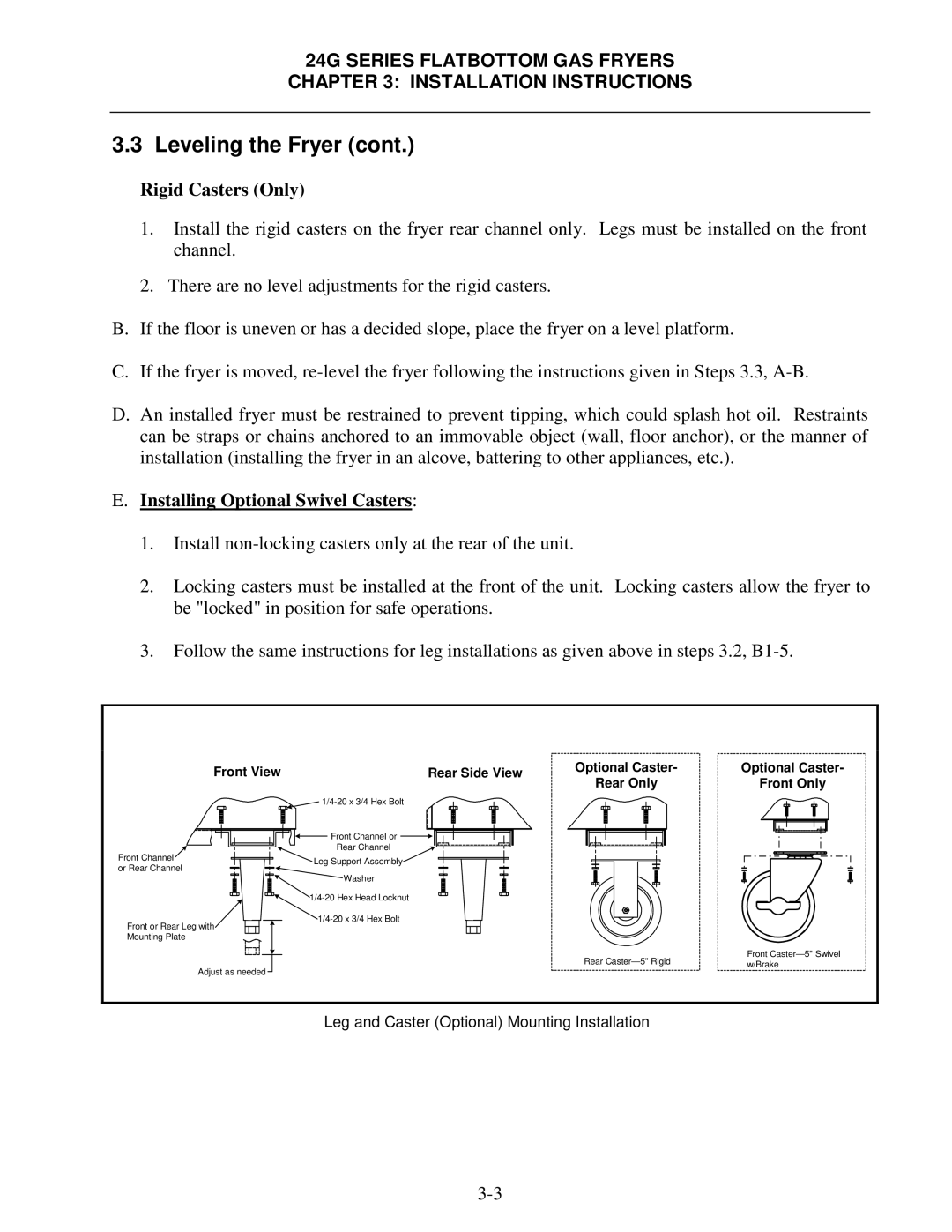 Frymaster 24G Series operation manual Rigid Casters Only, Installing Optional Swivel Casters 