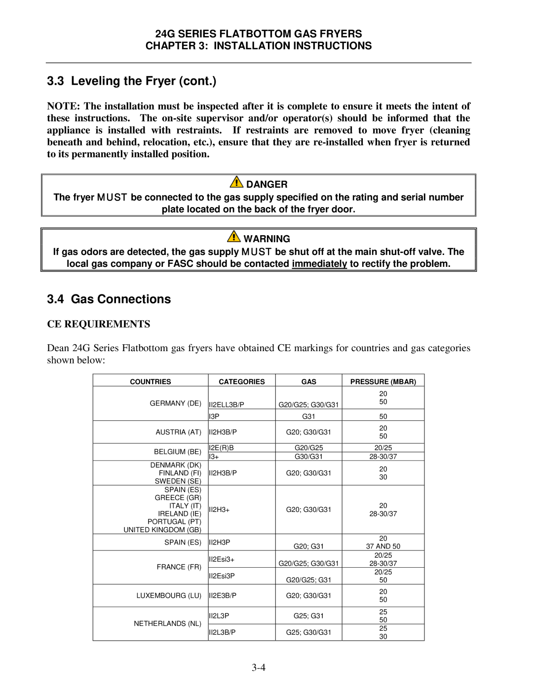 Frymaster 24G Series operation manual Gas Connections, CE Requirements 