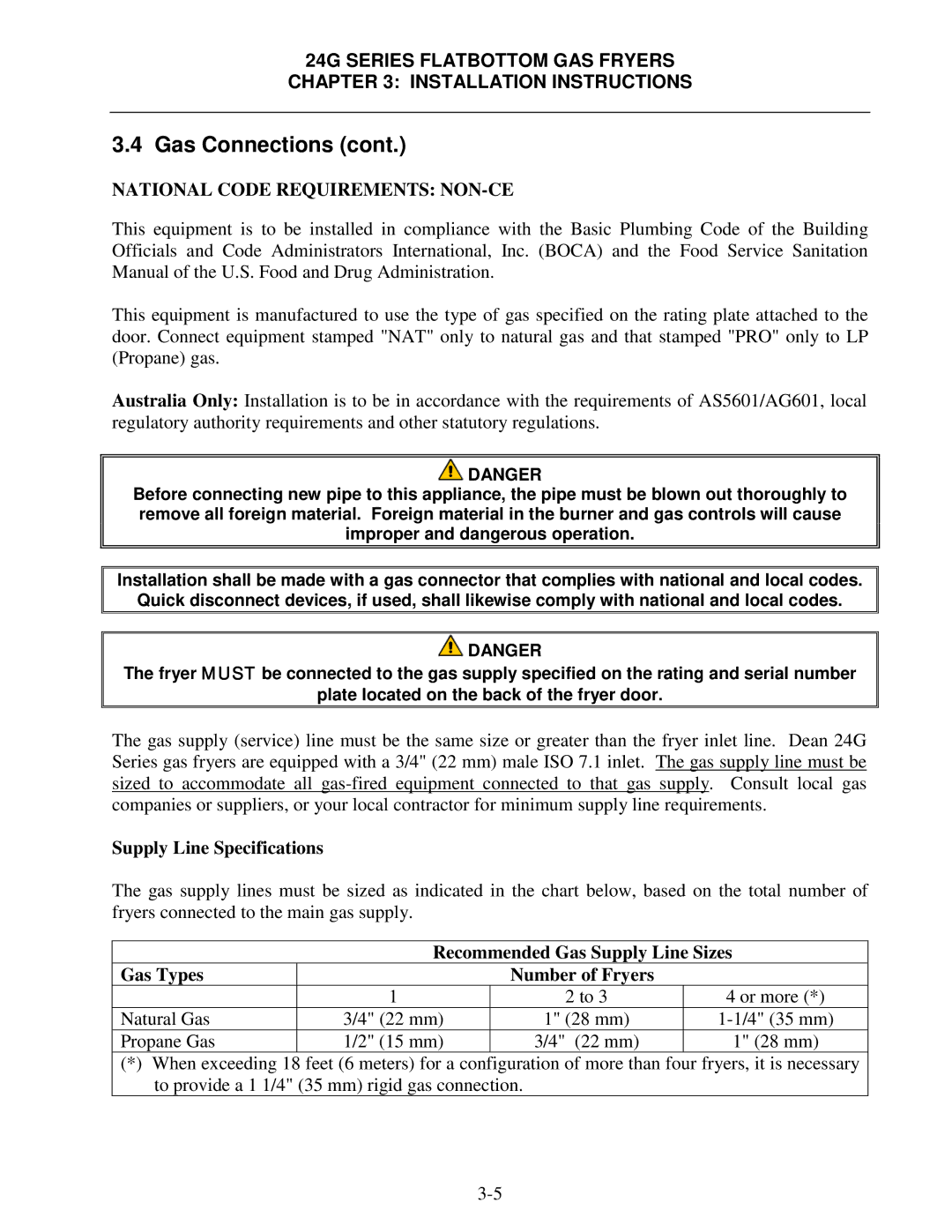 Frymaster 24G Series Supply Line Specifications, Recommended Gas Supply Line Sizes Gas Types Number of Fryers 