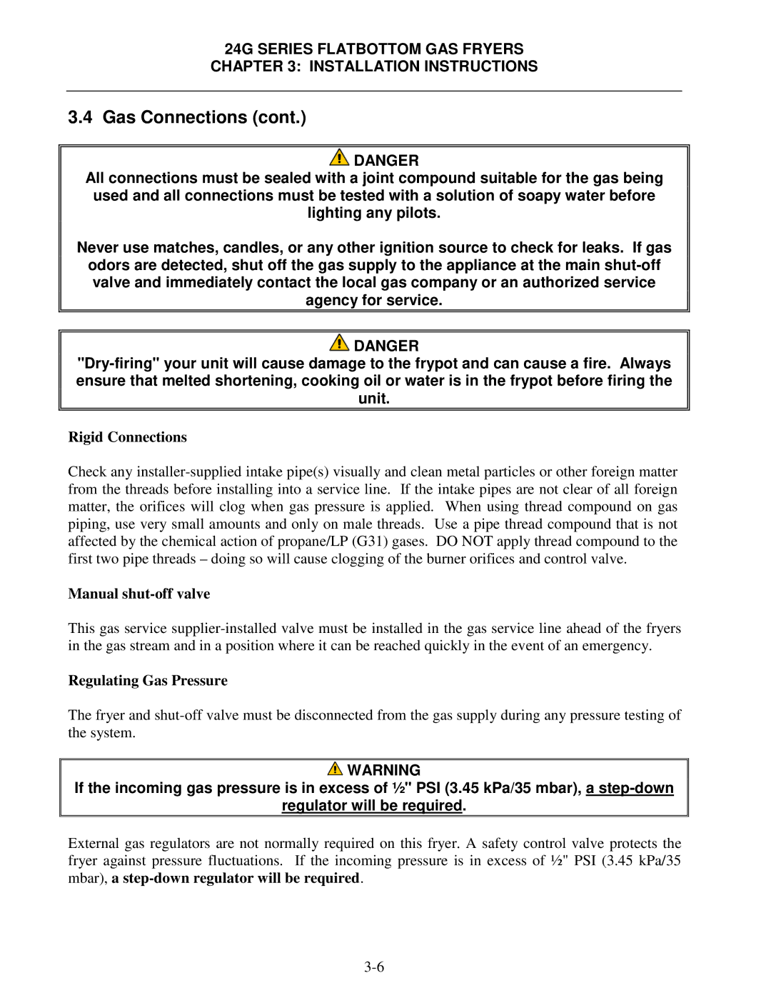 Frymaster 24G Series operation manual Rigid Connections, Manual shut-off valve, Regulating Gas Pressure 