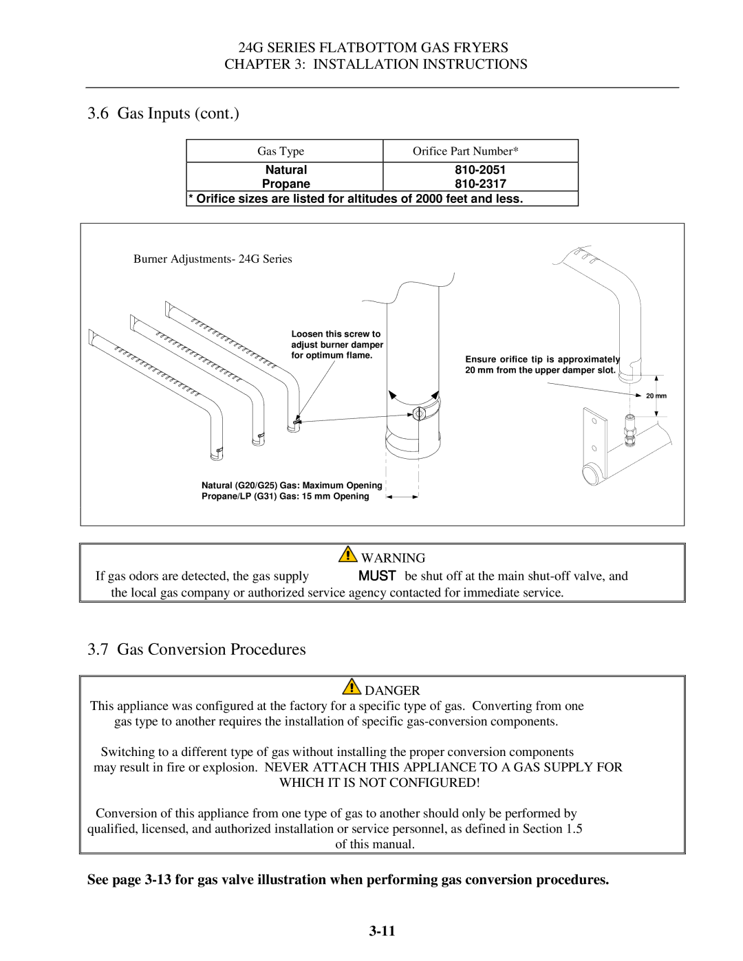 Frymaster 24G Series operation manual Gas Conversion Procedures, Gas Type Orifice Part Number 