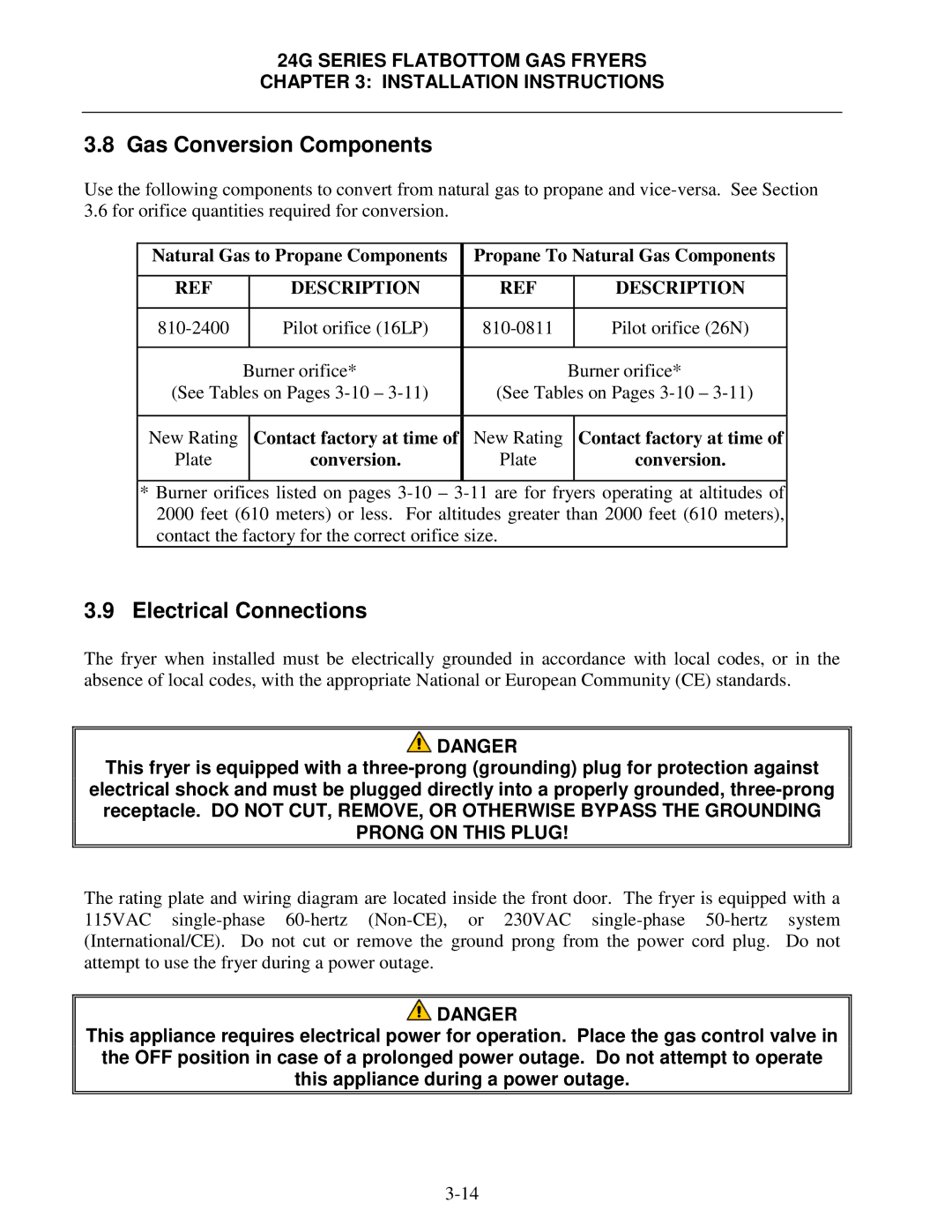 Frymaster 24G Series operation manual Gas Conversion Components, Electrical Connections, Contact factory at time 