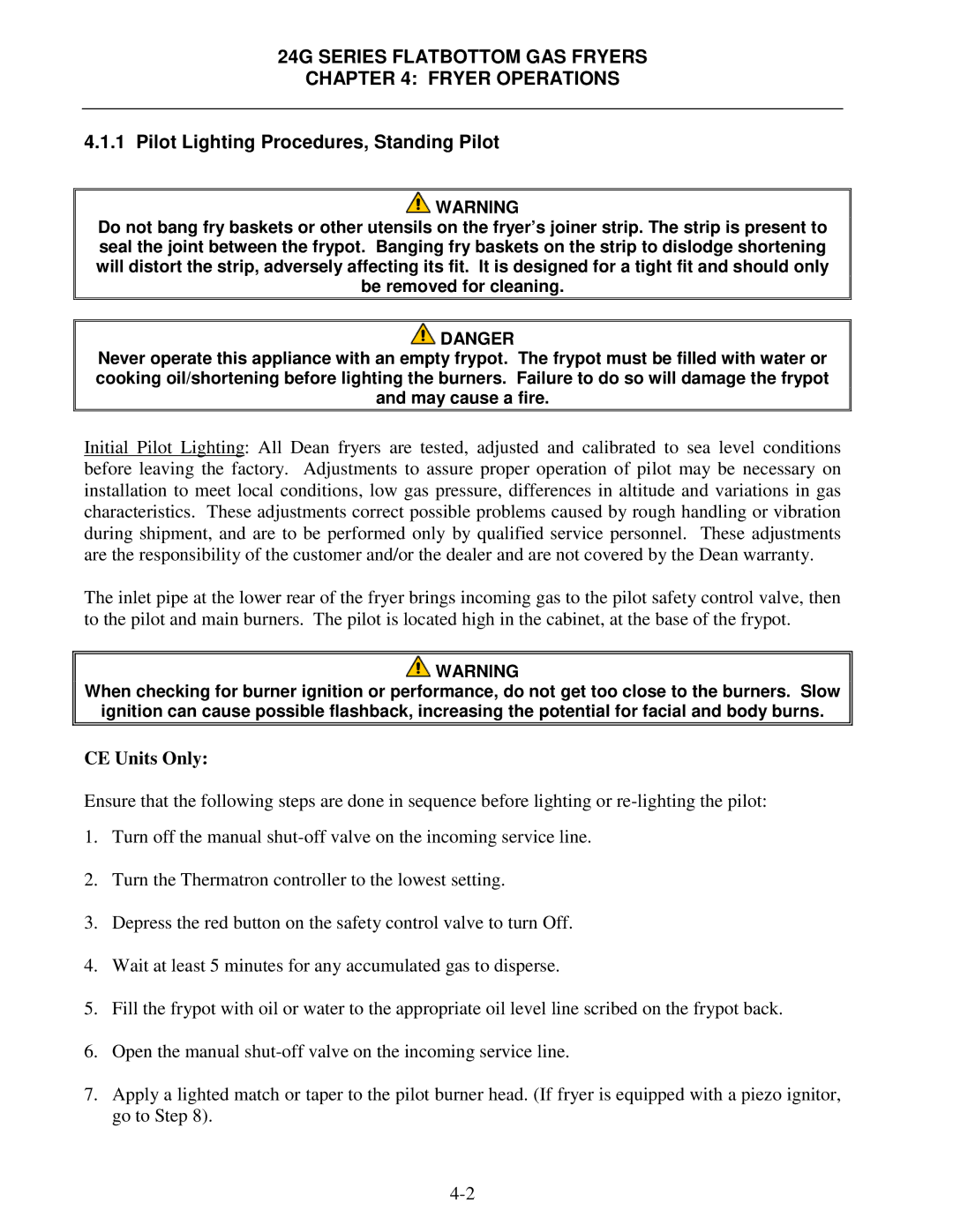 Frymaster 24G Series operation manual Pilot Lighting Procedures, Standing Pilot, CE Units Only 