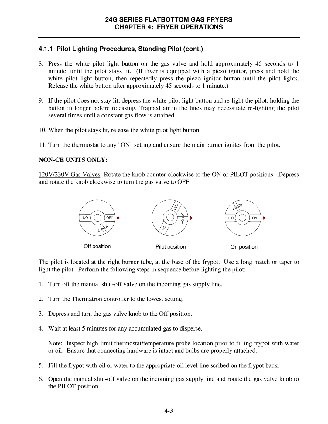 Frymaster 24G Series operation manual Off position Pilot position On position 