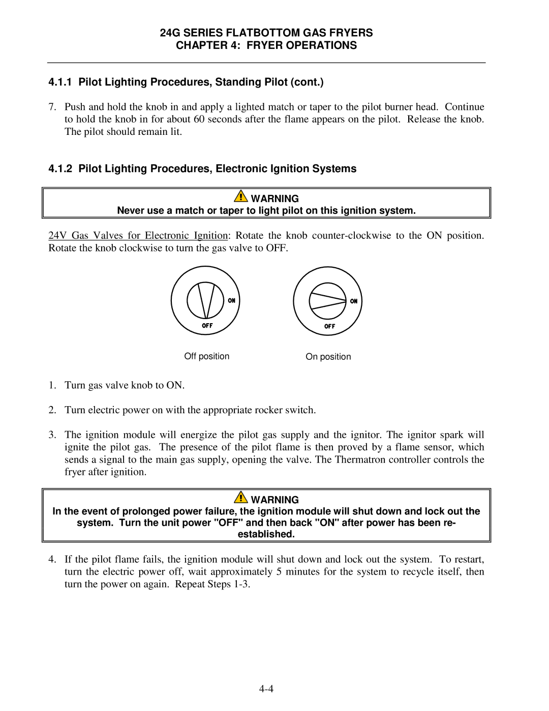 Frymaster 24G Series operation manual Pilot Lighting Procedures, Electronic Ignition Systems 