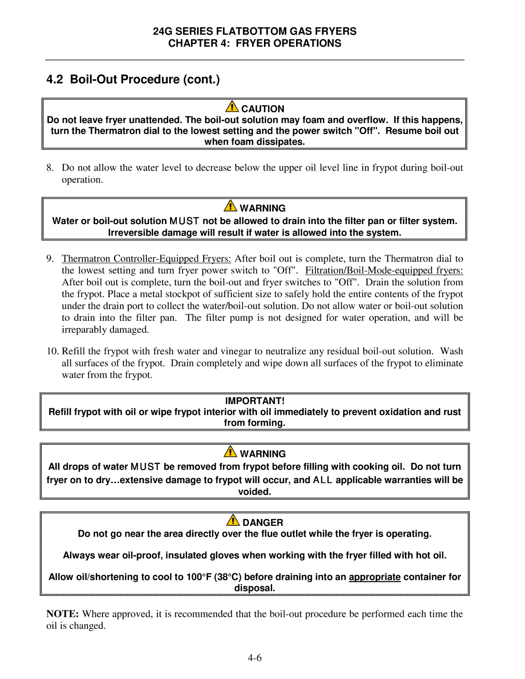 Frymaster 24G Series operation manual Boil-Out Procedure 