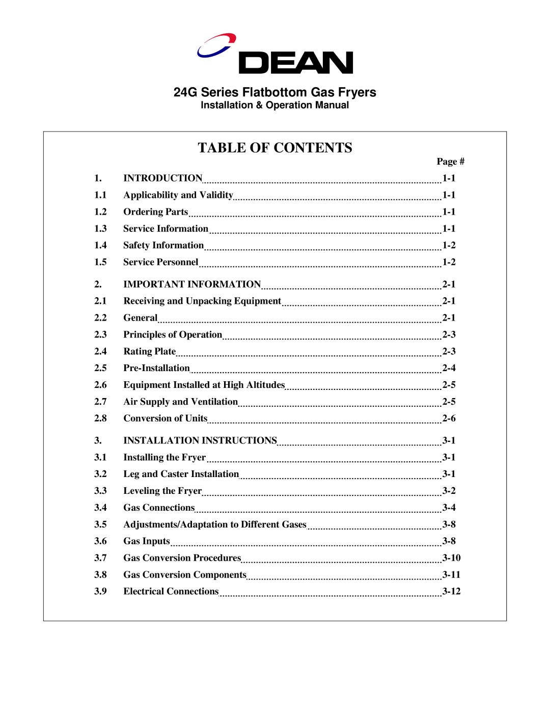 Frymaster 24G Series operation manual Table of Contents 