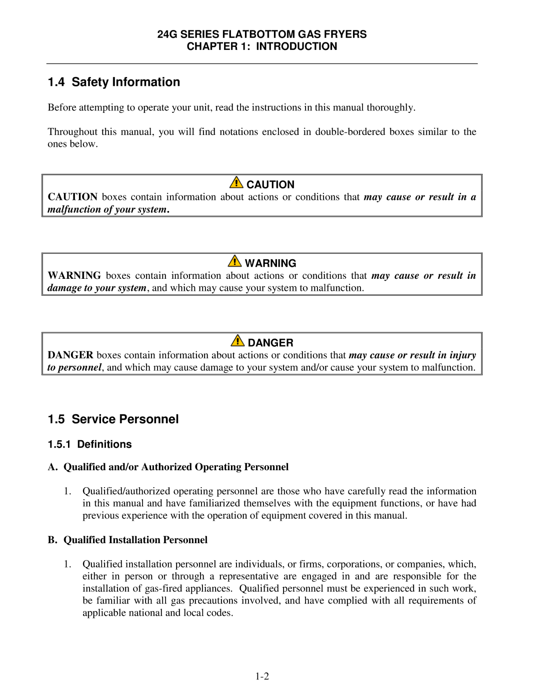 Frymaster 24G Series Safety Information, Service Personnel, Definitions, Qualified and/or Authorized Operating Personnel 