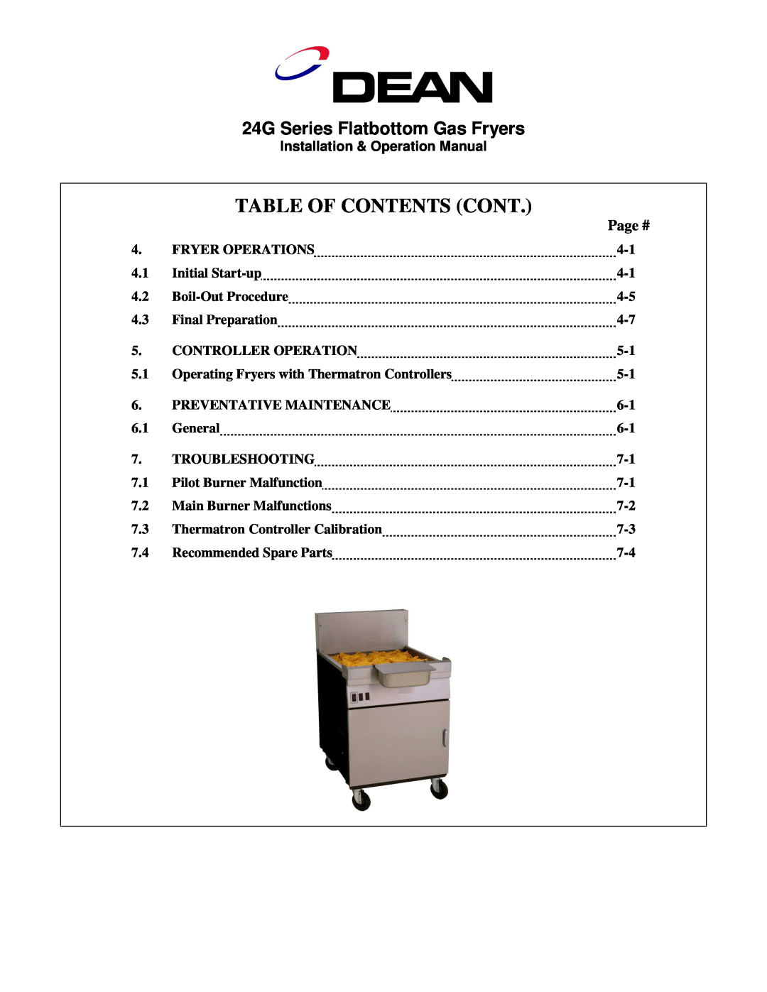 Frymaster operation manual Table Of Contents Cont, 24G Series Flatbottom Gas Fryers, Page # 