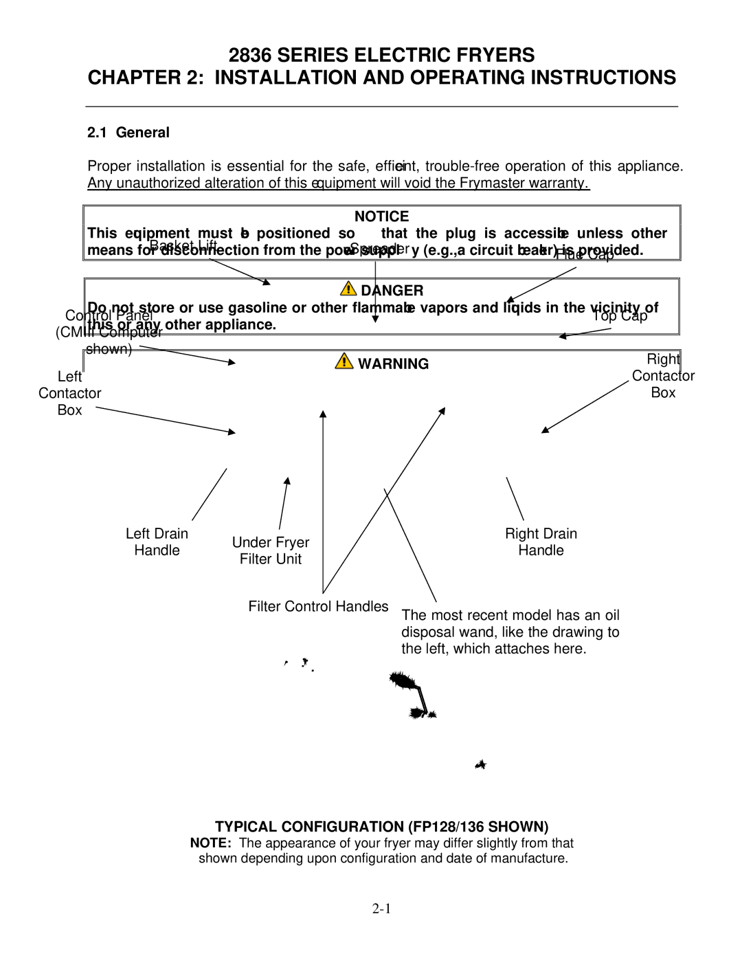 Frymaster 2836 Series operation manual General, Do not block the area around the base or under the fryers 