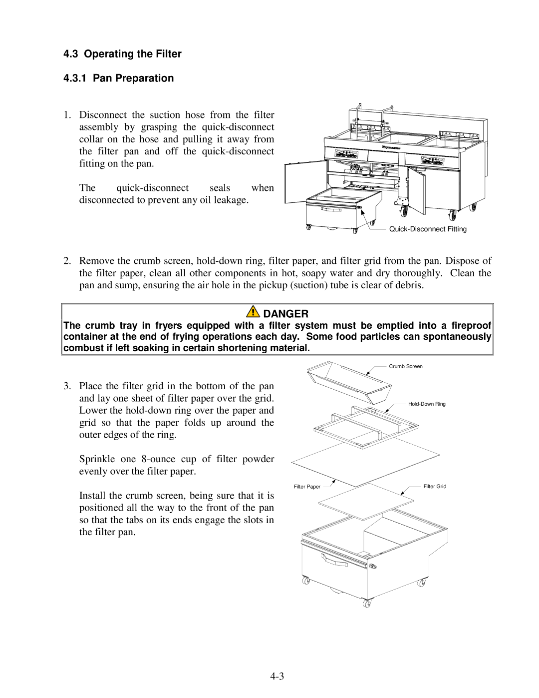 Frymaster 2836 Series operation manual Operating the Filter 4.3.1 Pan Preparation 