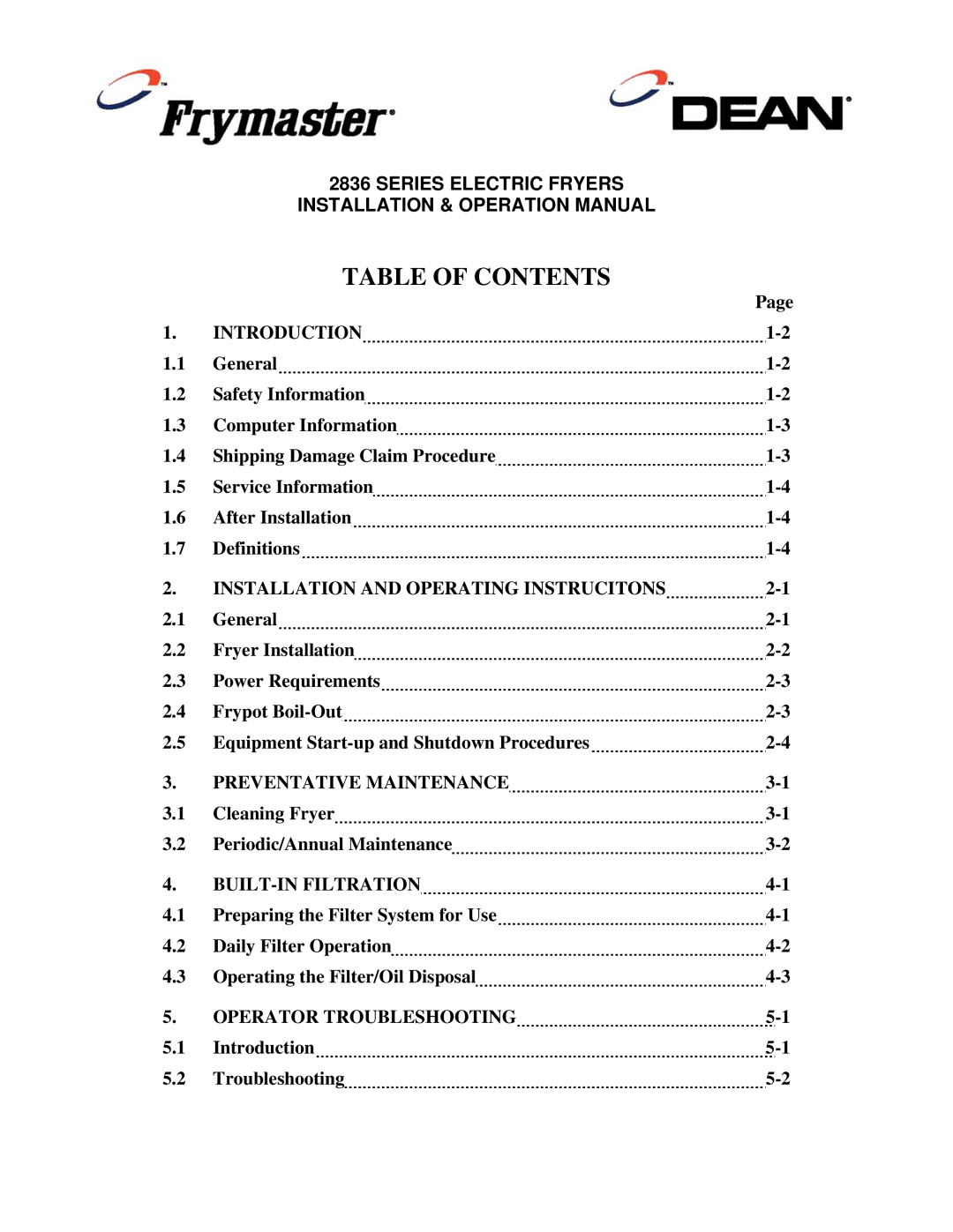 Frymaster 2836 Series operation manual Table of Contents 