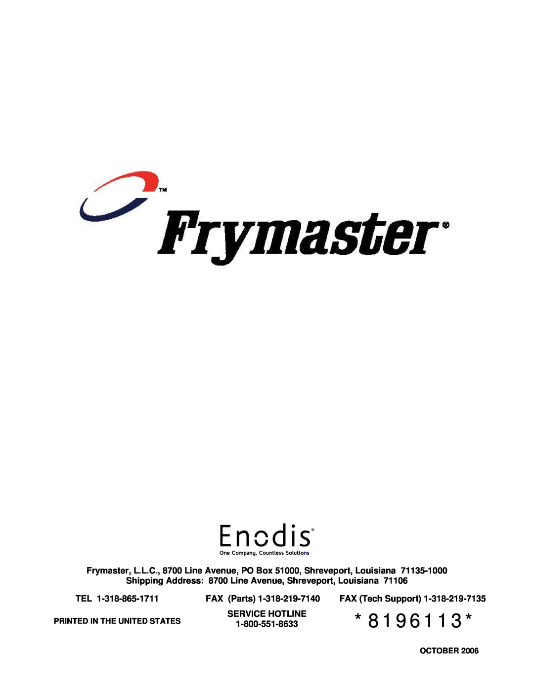 Frymaster 2836 Series operation manual 8196113, FAX Parts, FAX Tech Support, Service Hotline, October 