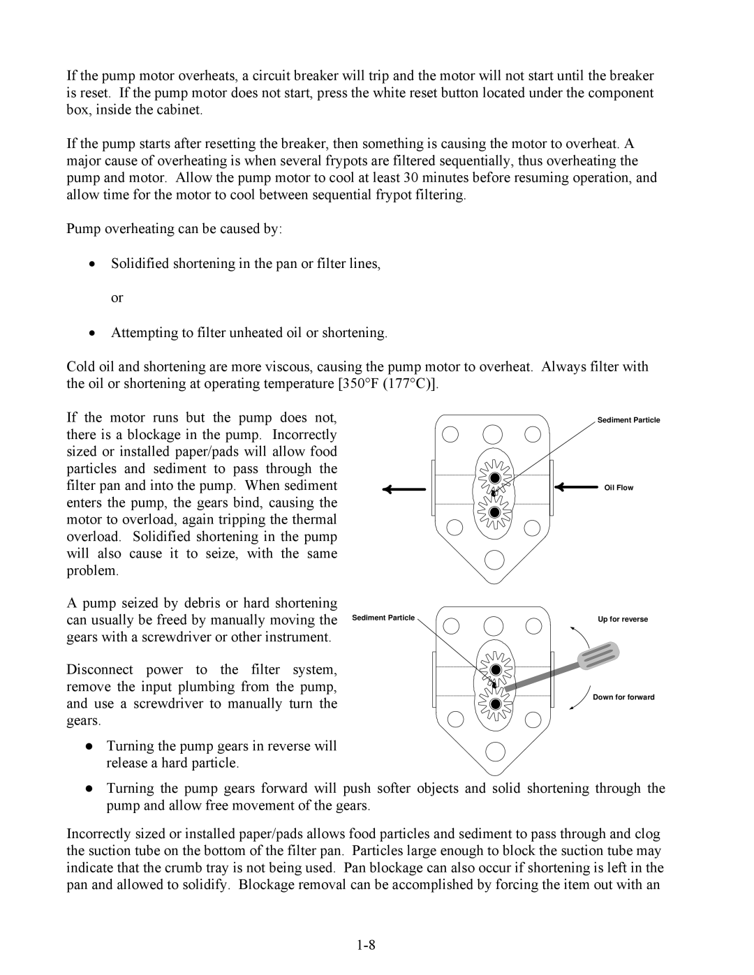 Frymaster 2836 manual Sediment Particle Oil Flow Up for reverse Down for forward 