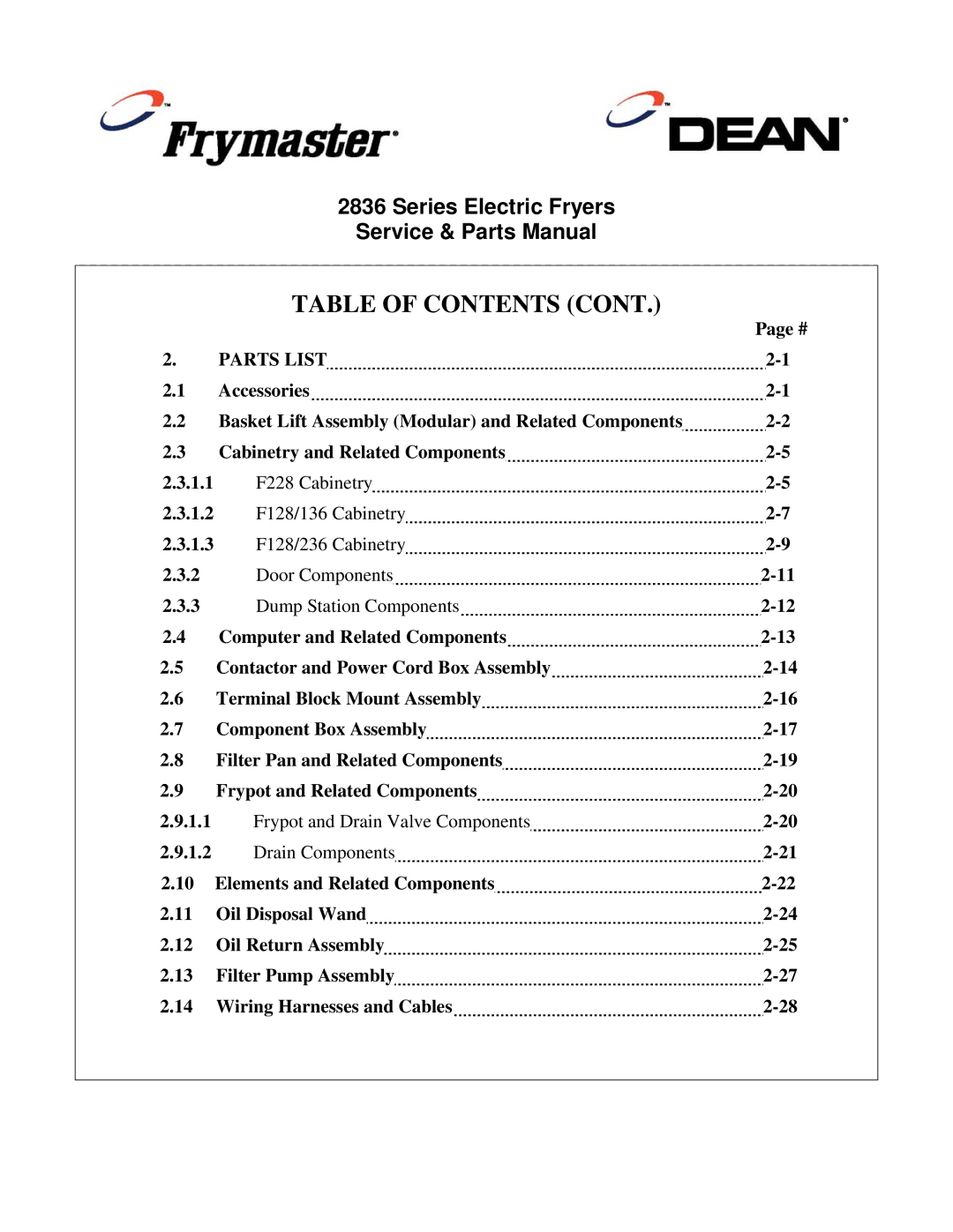 Frymaster 2836 manual Parts List 