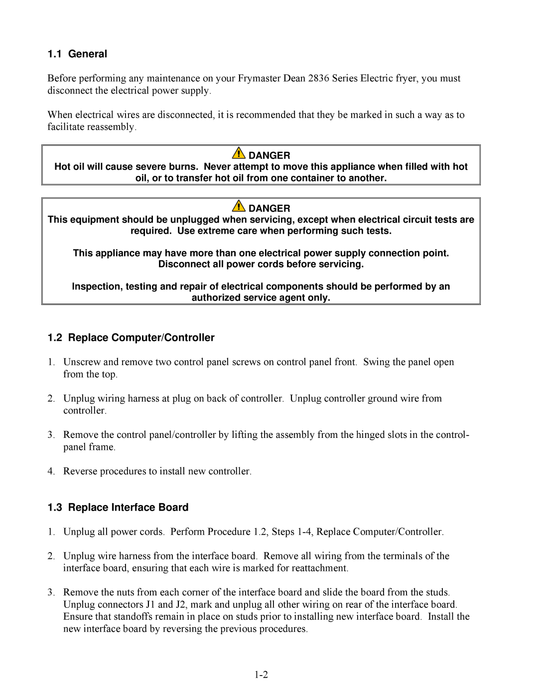 Frymaster 2836 manual General, Replace Computer/Controller, Replace Interface Board 