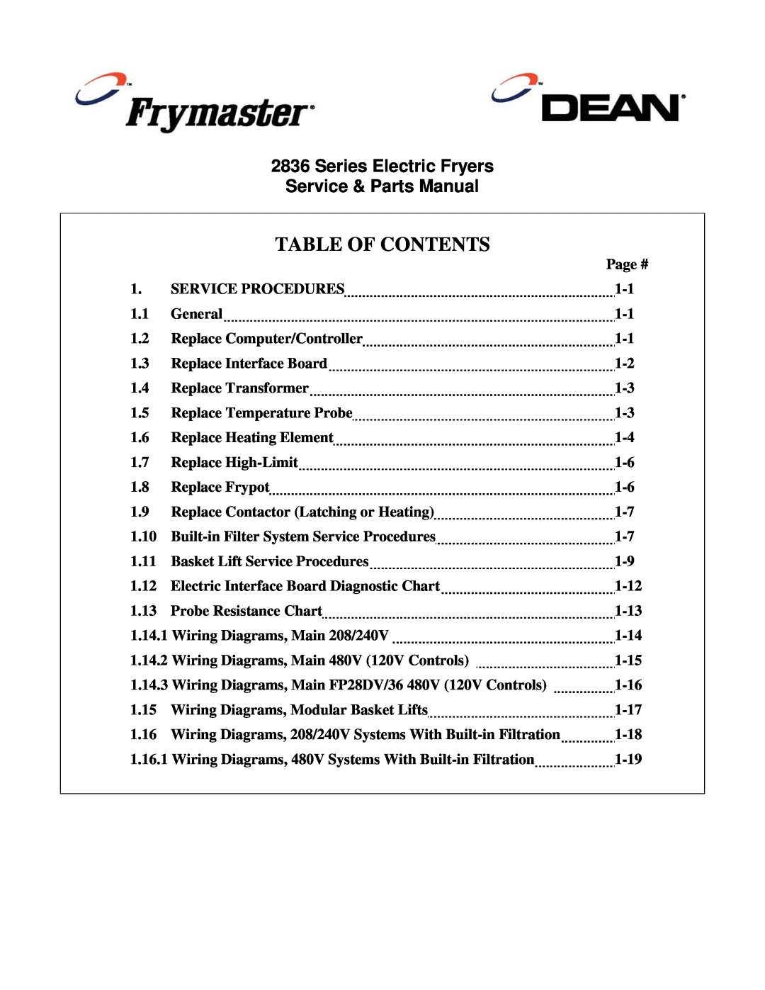 Frymaster 2836 manual Table Of Contents, Series Electric Fryers Service & Parts Manual 