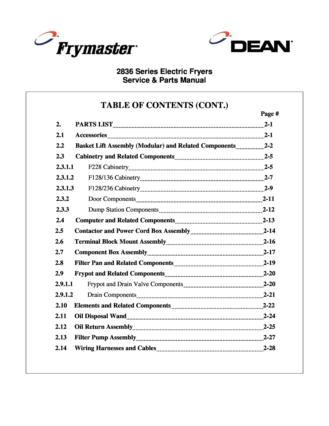 Frymaster 2836 manual Table Of Contents Cont, Series Electric Fryers Service & Parts Manual 
