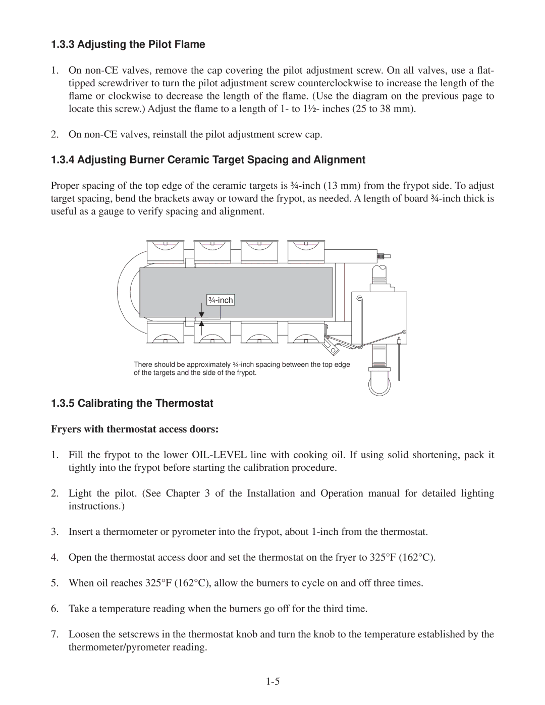 Frymaster 35 Adjusting the Pilot Flame, Adjusting Burner Ceramic Target Spacing and Alignment, Calibrating the Thermostat 