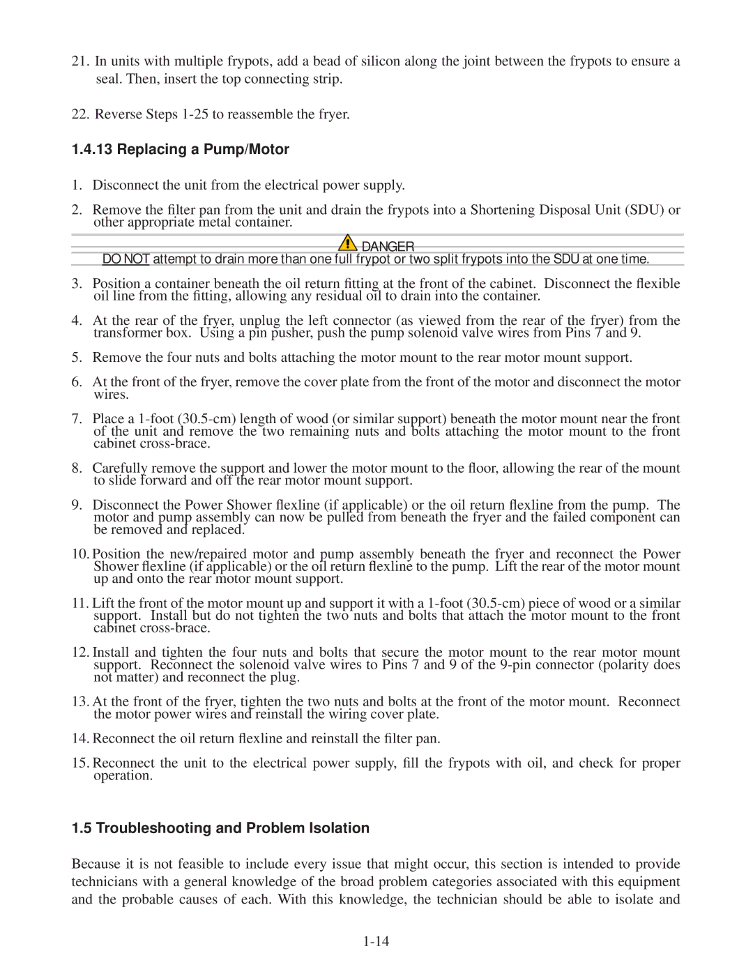 Frymaster 45, 35 manual Replacing a Pump/Motor, Troubleshooting and Problem Isolation 