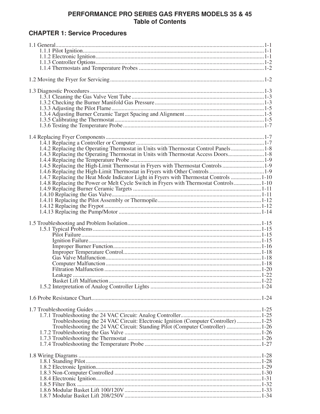 Frymaster 45 manual Performance PRO Series GAS Fryers Models 35, Table of Contents Service Procedures 