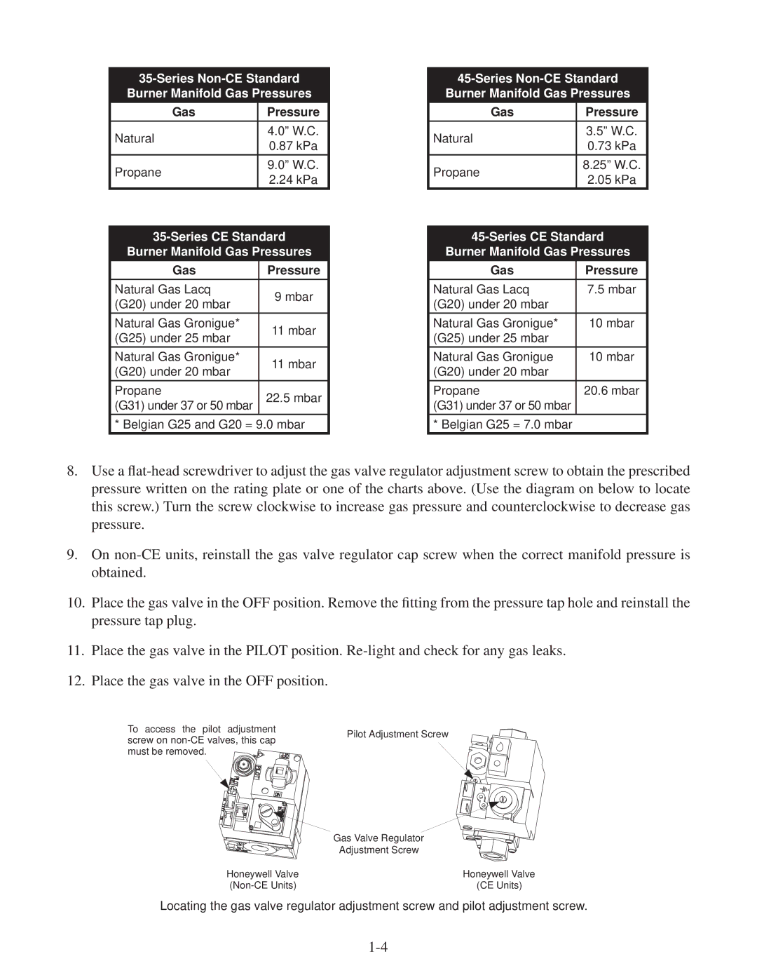 Frymaster 45, 35 manual Series Non-CE Standard Burner Manifold Gas Pressures 