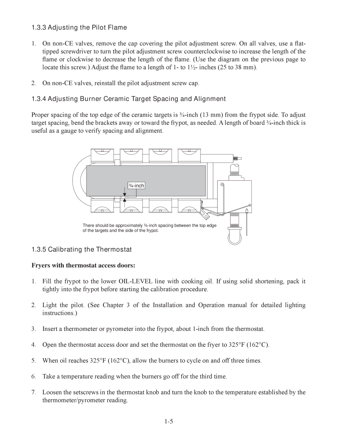 Frymaster 35 Adjusting the Pilot Flame, Adjusting Burner Ceramic Target Spacing and Alignment, Calibrating the Thermostat 