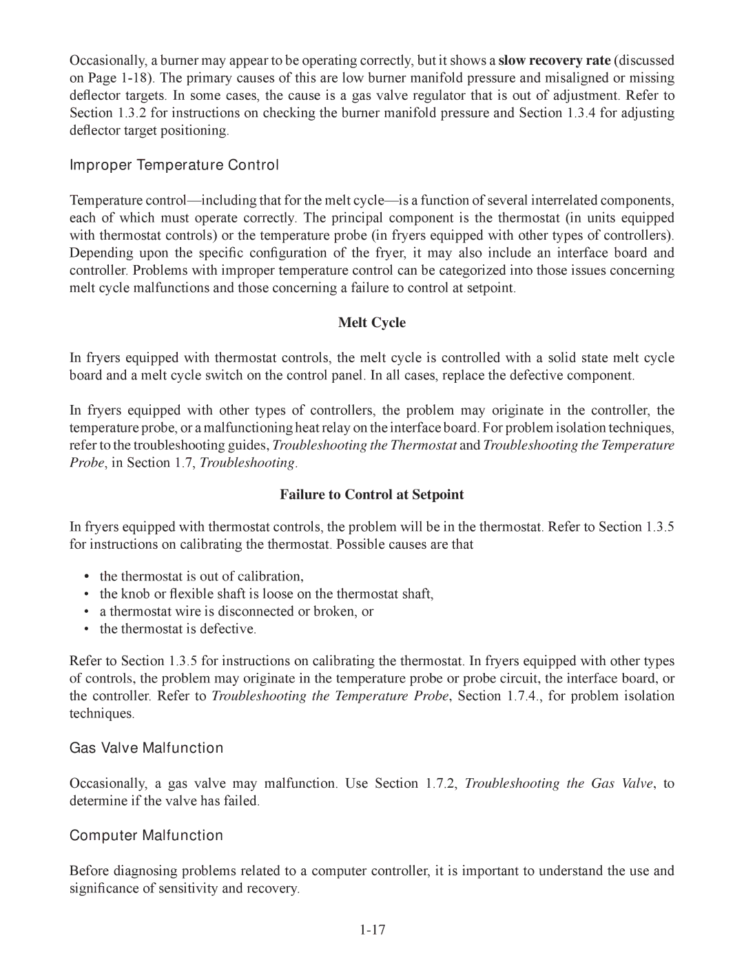 Frymaster 35, 45 manual Improper Temperature Control, Melt Cycle, Failure to Control at Setpoint, Gas Valve Malfunction 