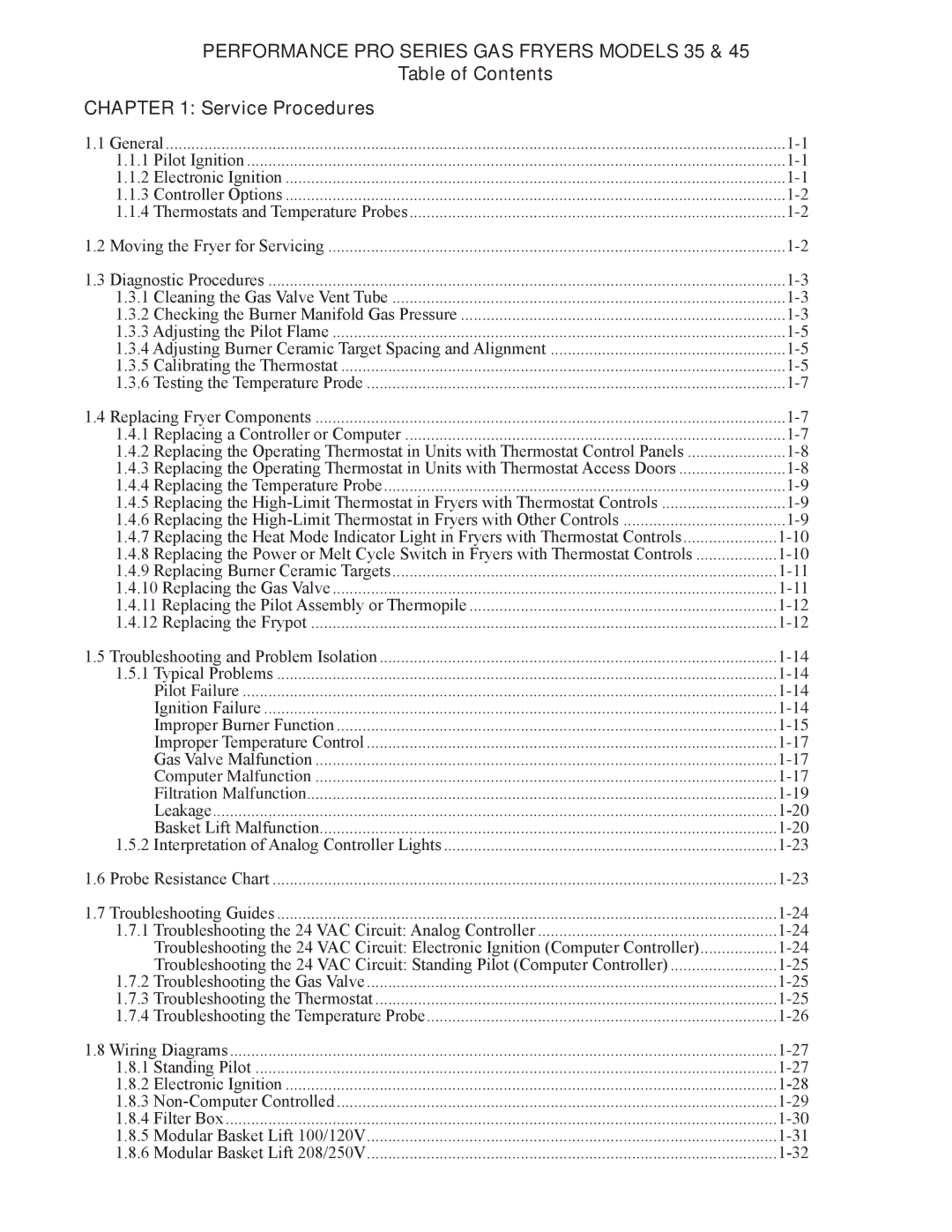 Frymaster 45 manual Performance PRO Series GAS Fryers Models 35, Table of Contents Service Procedures 