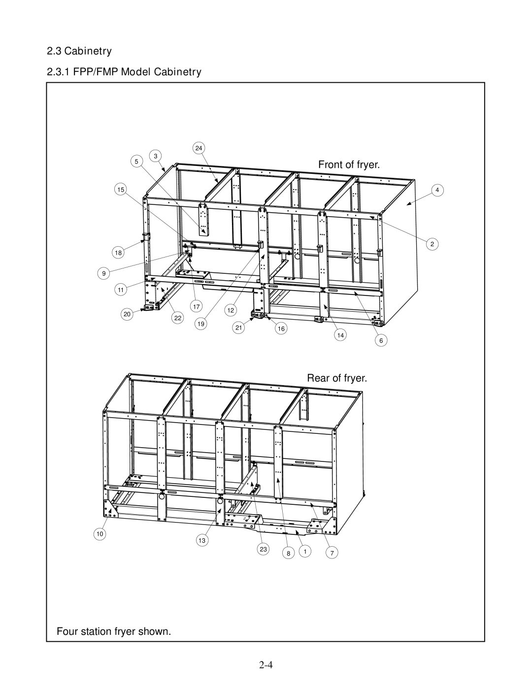 Frymaster 45, 35 manual Cabinetry 1 FPP/FMP Model Cabinetry, Rear of fryer Four station fryer shown 