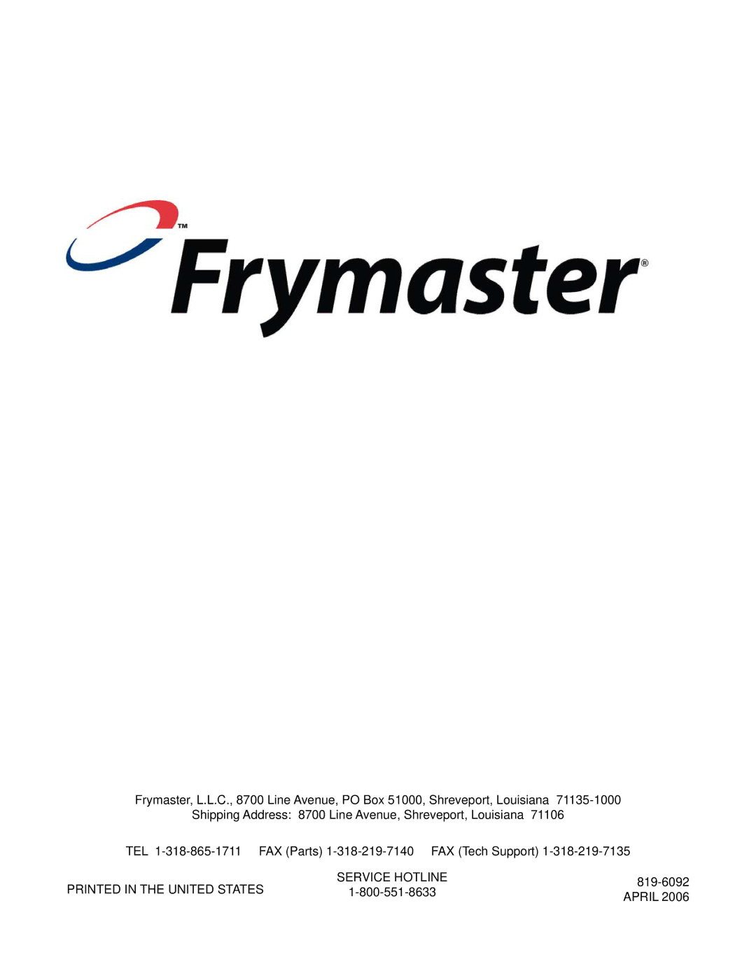 Frymaster 35, 45 manual Service Hotline 