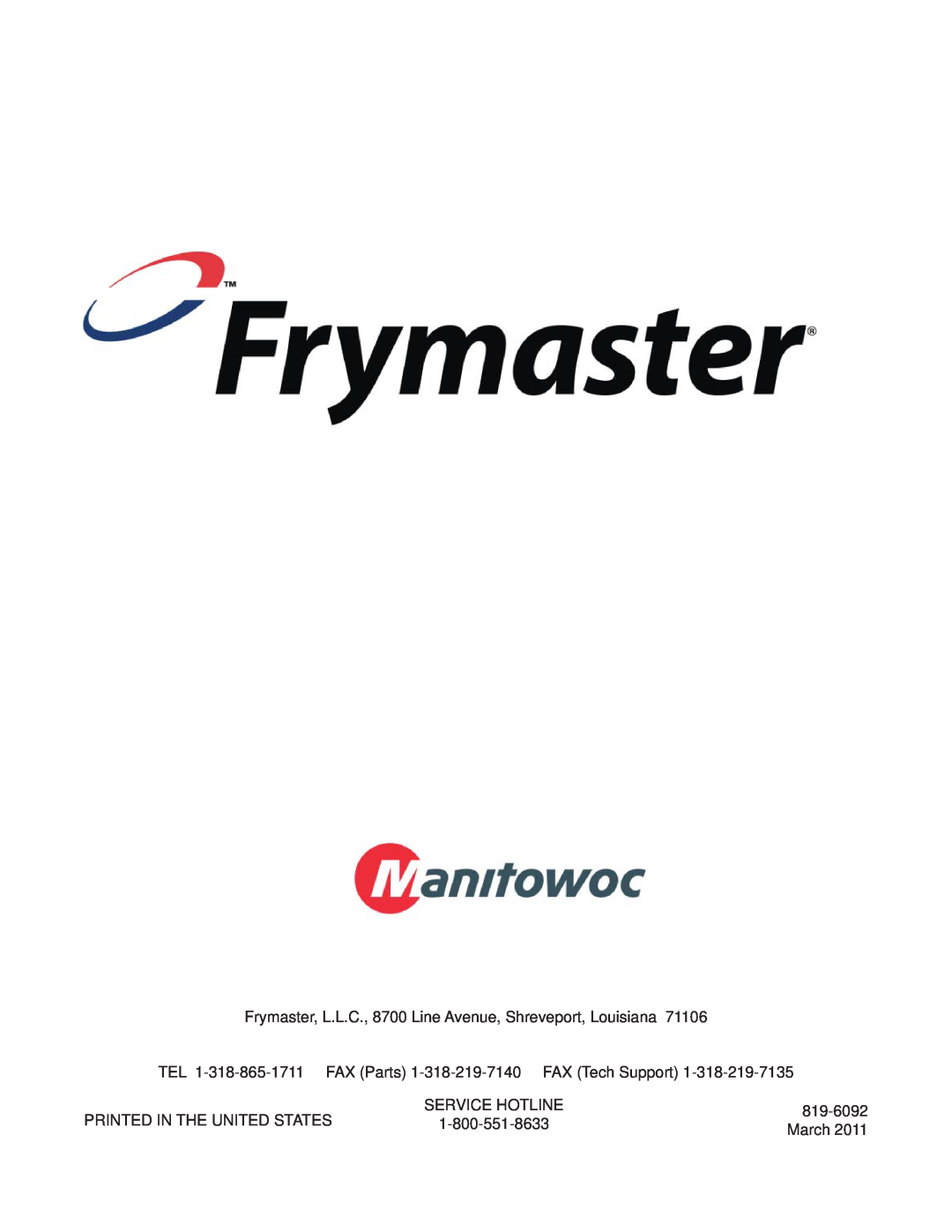Frymaster 35, 45 manual Service Hotline, 819-6092, March 