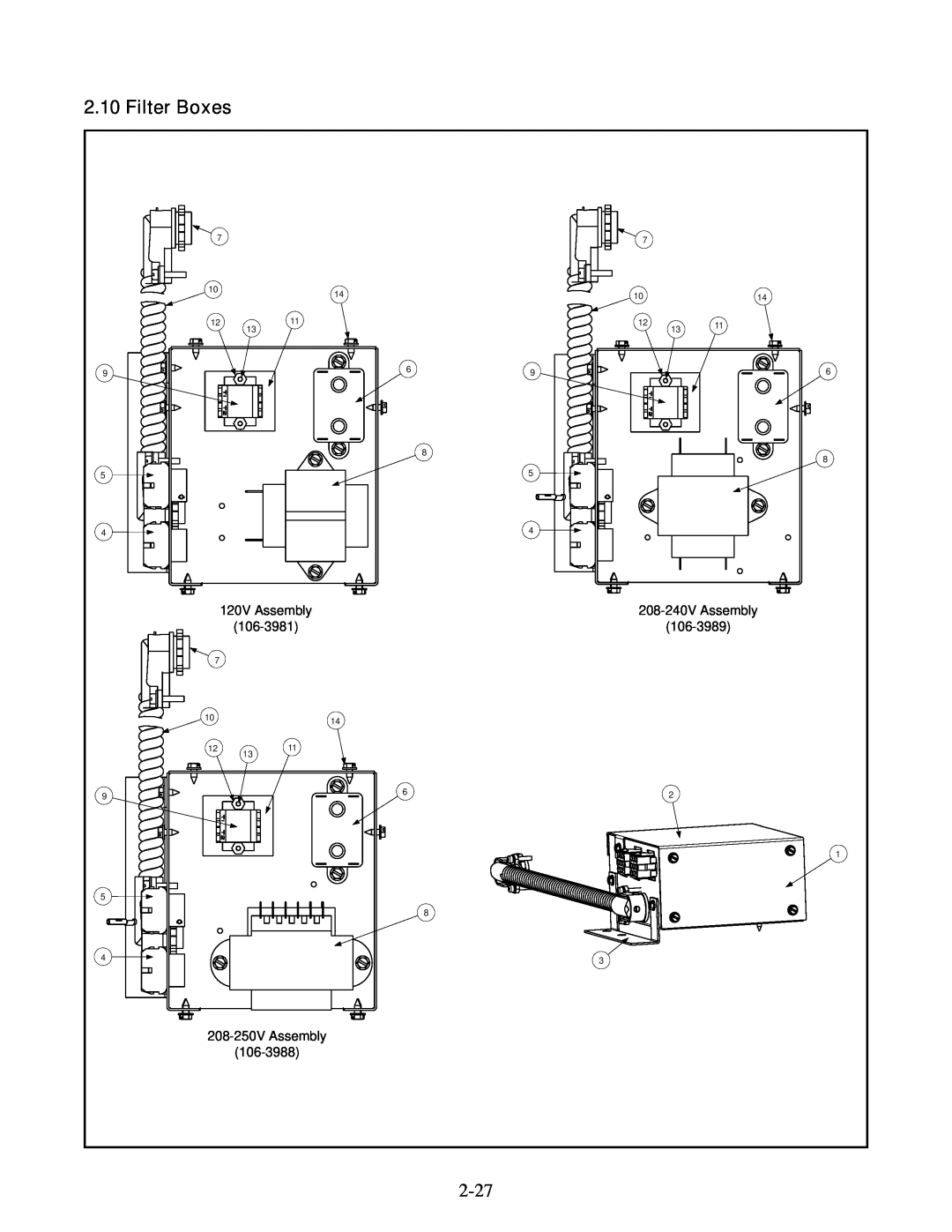 Frymaster 35, 45 manual Filter Boxes, 120V Assembly, 208-240V Assembly, 106-3981, 106-3989, 208-250V Assembly, 106-3988 
