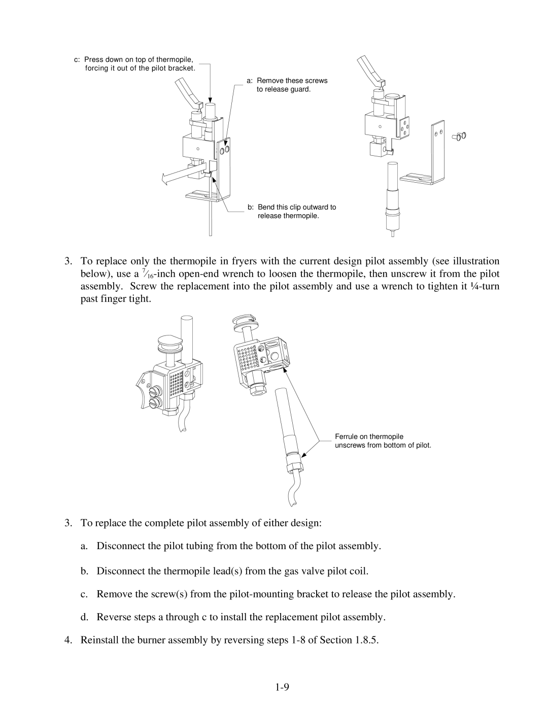 Frymaster 35 Series manual Ferrule on thermopile unscrews from bottom of pilot 