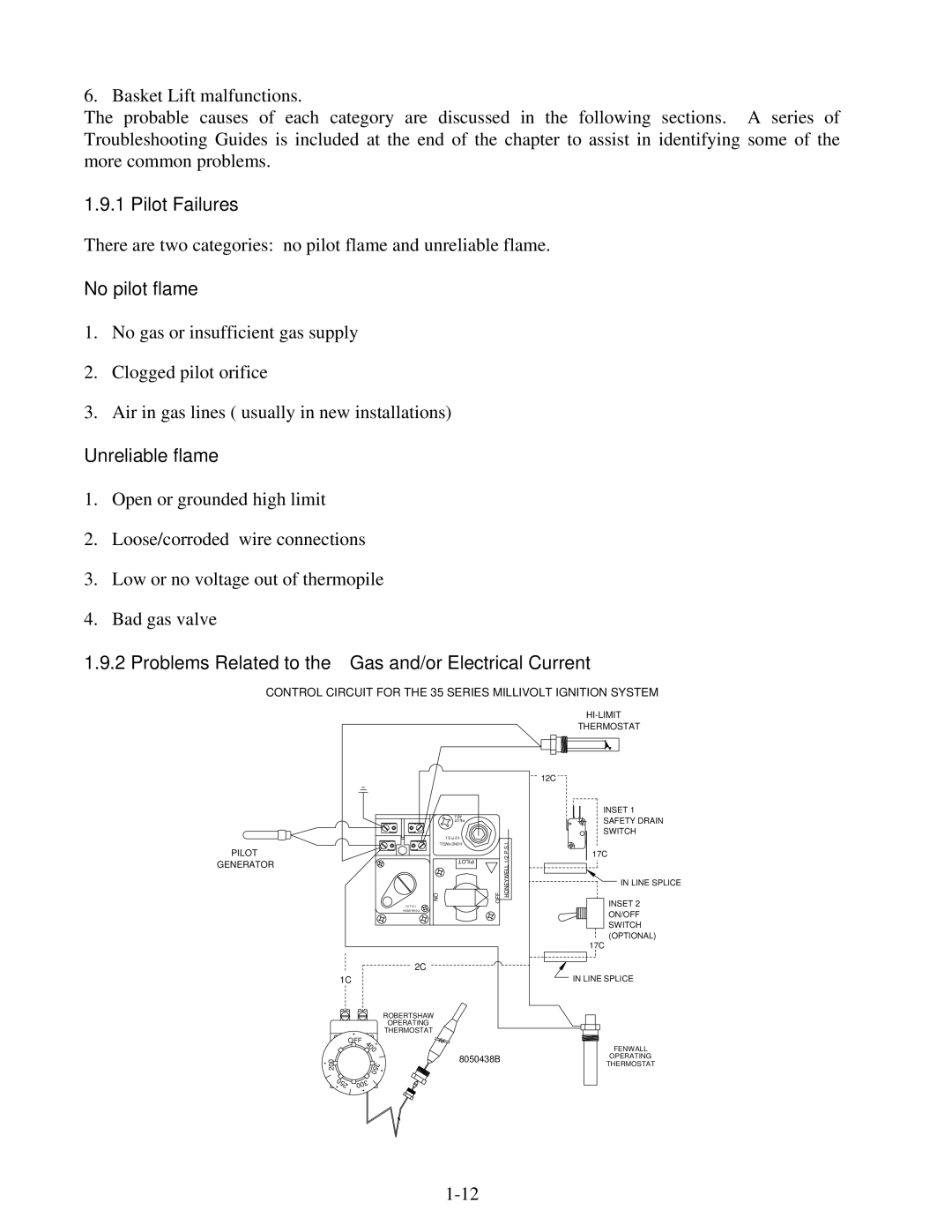 Frymaster 35 Series manual Pilot Failures, No pilot flame, Unreliable flame 