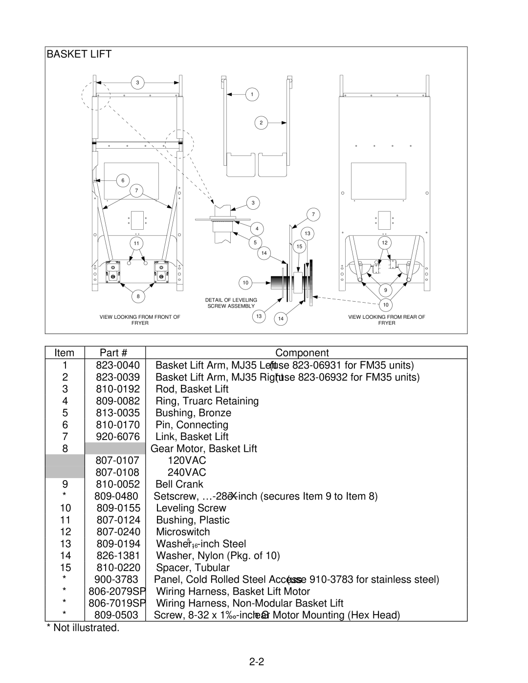 Frymaster 35 Series manual Basket Lift Arm, MJ35 Left use 823-06931 for FM35 units 