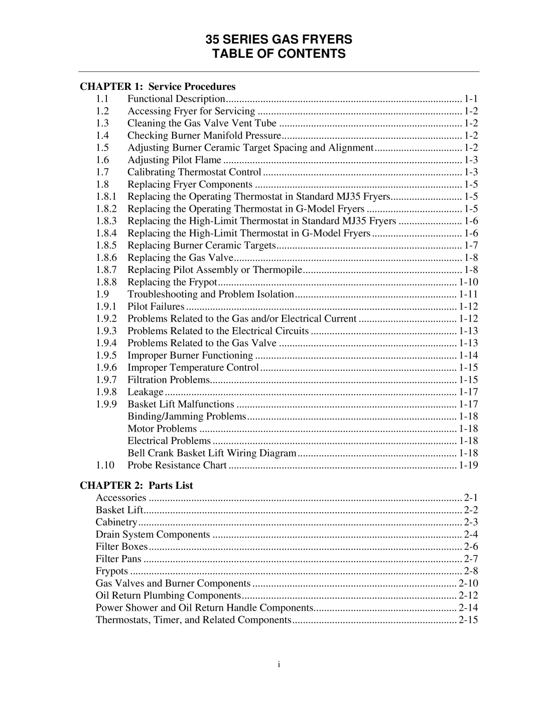 Frymaster 35 Series manual Series GAS Fryers Table of Contents 