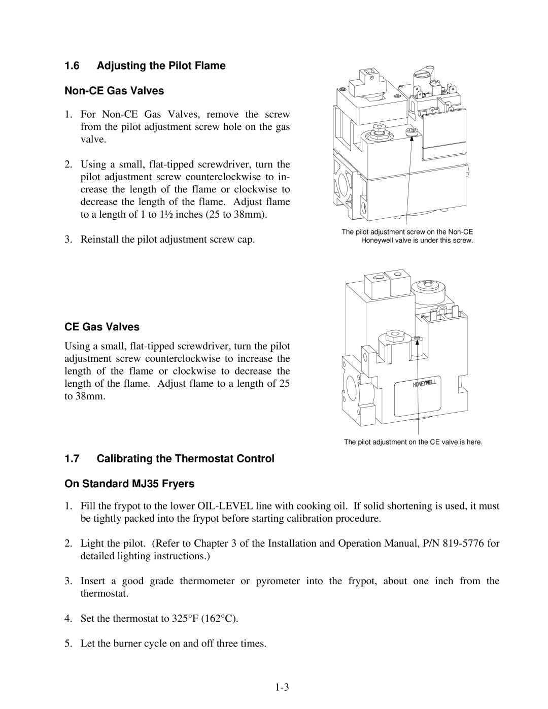 Frymaster 35 Series manual Adjusting the Pilot Flame Non-CE Gas Valves 