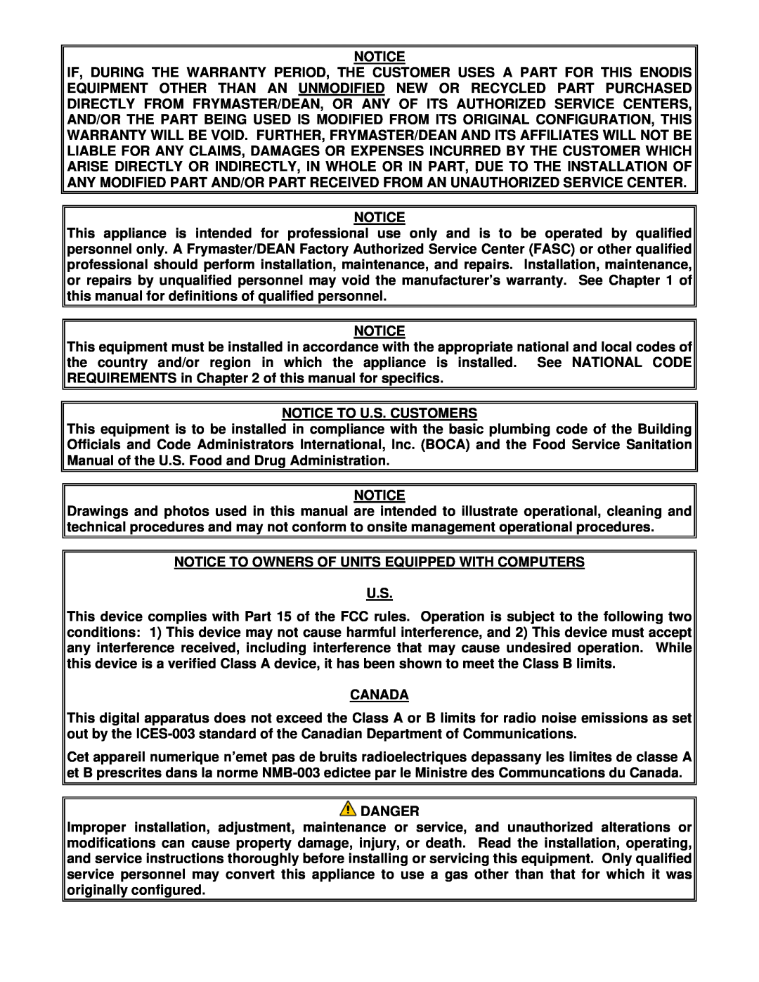 Frymaster 35 Series manual Notice To U.S. Customers, Notice To Owners Of Units Equipped With Computers, Canada, Danger 