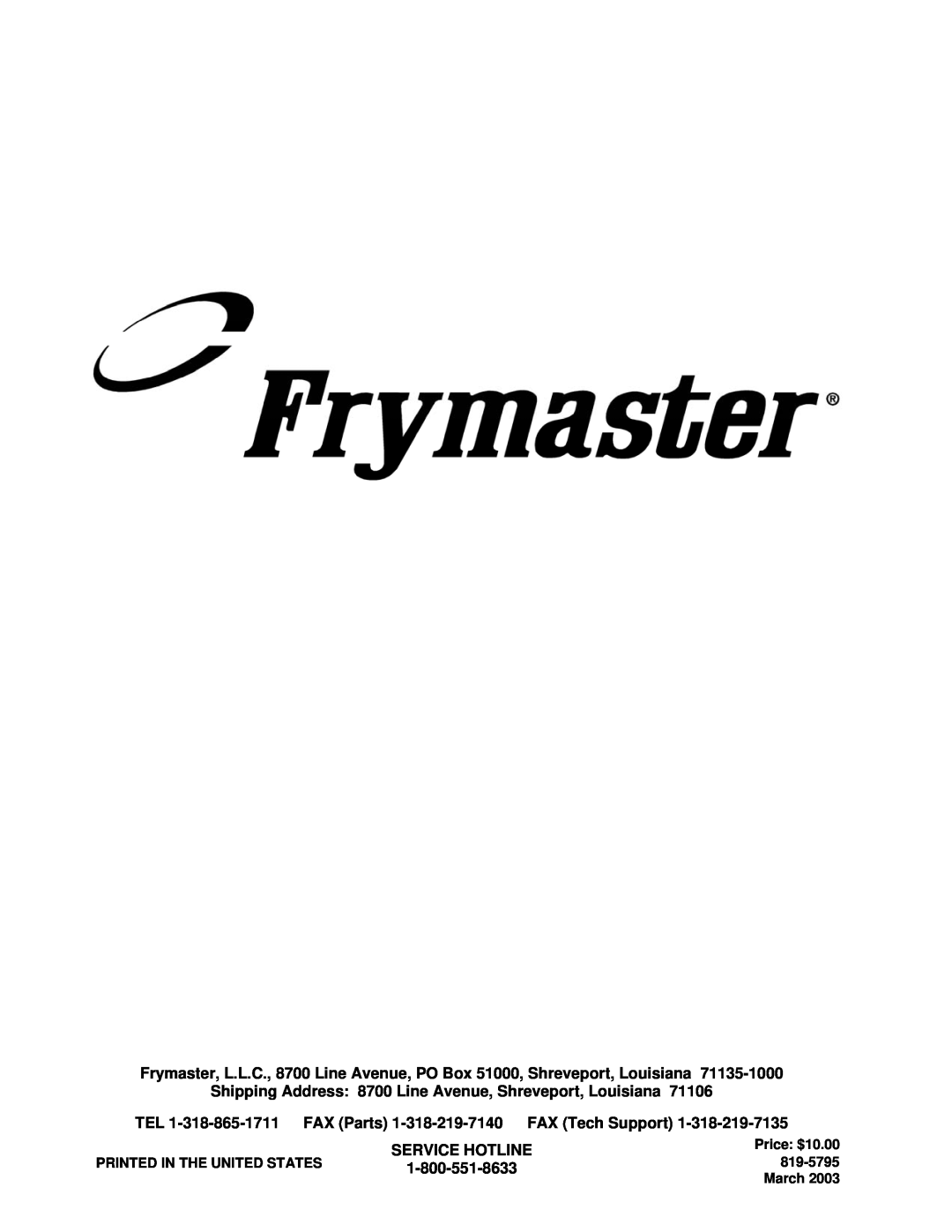 Frymaster 35 Series manual Service Hotline 